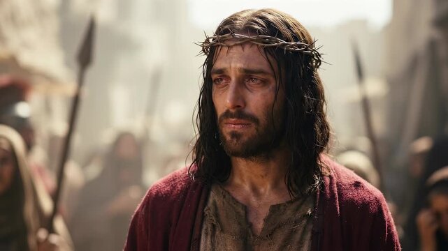 Jesus Christ wearing a woven crown of thorns walks through a crowded dusty street alongside Roman soldiers holding spears during the dramatic biblical passion narrative on a warm day