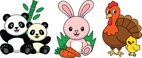 Obraz premium Cute Cartoon Animal Set with Panda, Bunny Rabbit, and Turkey with Chick Vector Illustration