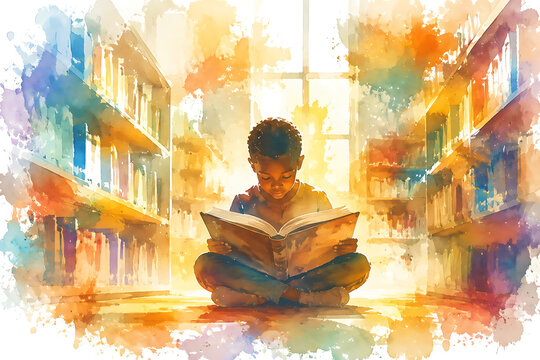 Child reading history book in library, ink and wash illustration