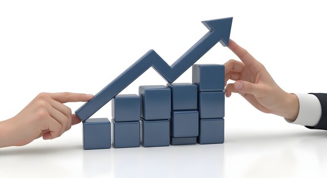 Collaborative hands supporting a dynamic 3D graphic representing business growth, upward trends, and strategic financial progress, symbolizing success and future development