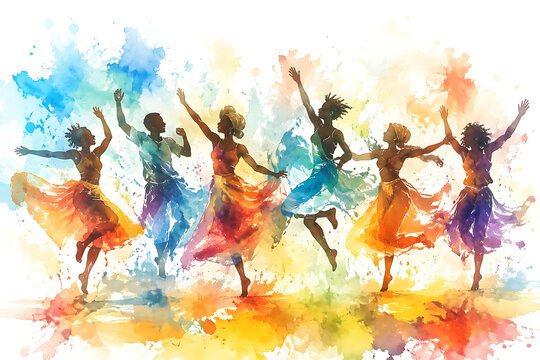 Dancers in motion, wet-on-wet watercolor illustration