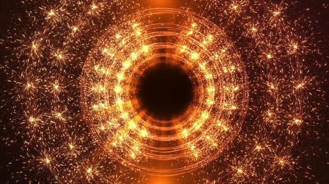 Golden firework bursts, particles, and concentric light rings center this vivid festive scene. holiday greetings, concert screens, party openers, sale campaigns, anniversary edits, celebratory titles.