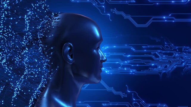 A digital profile meets fiber connections blue circuit interface, suggesting human thinking and advanced computing. neural networks, robotics, software, analytics, education, innovation, science media
