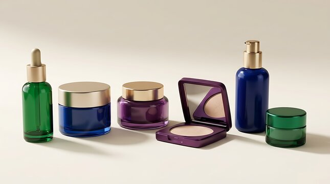 Set of various glass cosmetic bottles and jars with skincare creams and makeup powder. jewel tone makeup containers