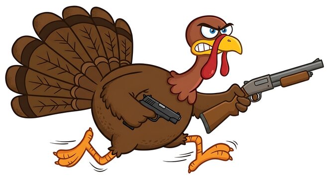 A funny cartoon turkey character running while holding a shotgun for a humorous thanksgiving holiday concept illustration