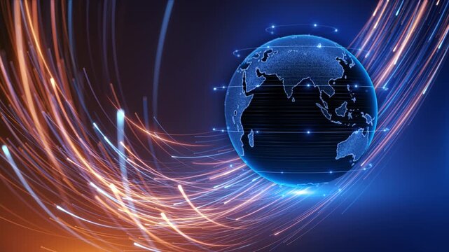 Light streams sweep bright dotted globe, vivid image of international movement, and connected markets. globalization, internet services, broadcasting, commerce, transport, innovation corporate media.