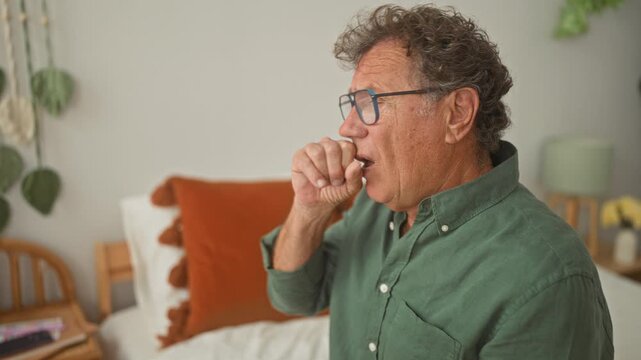 Man holding hand to mouth coughing on bed inside building bedroom, wearing green shirt and glasses with bedside table and plant visible; fatigue concern.