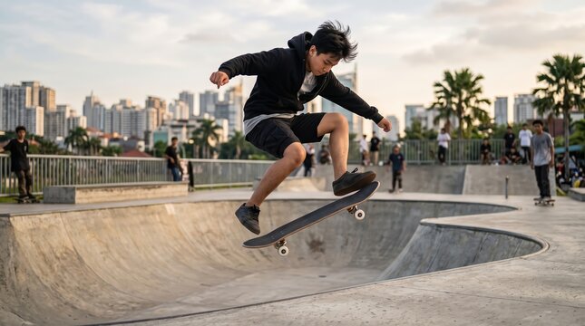 Young Skateboarder Performing Aerial Trick in Urban Concrete Skate Park at Sunset