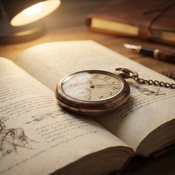 Antique Pocket Watch Resting Upon An Open Vintage Manuscript On A Wooden Desk
