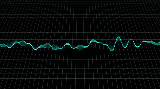 Cyan waveform animation pulses across a black digital grid plane. Audio sound frequency telemetry streams on this cyan waveform. Dynamic acoustic equalizer graphics power the cyan waveform.