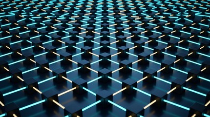 Obraz premium Decentralized Blockchain Network Grid With Black Cubes And Glowing Cyan Connections