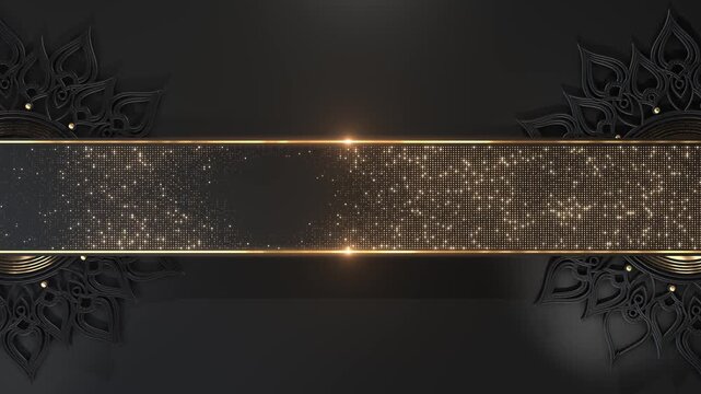 Black floral ornaments gold bordered glittering points, blending classic decoration modern luxury. formal invitations, product launches, festive greetings, menus, ceremonies, beauty ads, title cards.