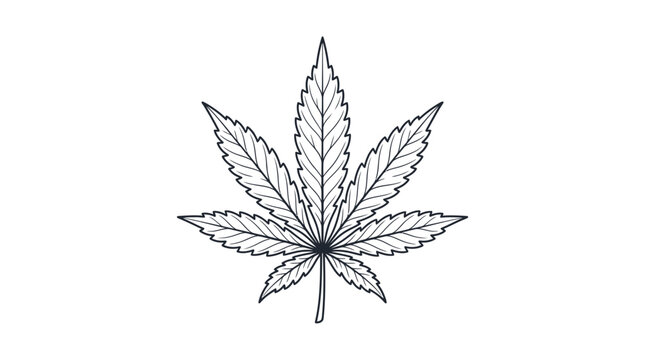 Minimalist black and white line art illustration of a cannabis sativa leaf isolated on a clean white background for botanical design