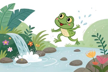 Fototapeta premium Happy green cartoon frog jumping in a pond with lily pads