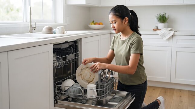 Woman Loading Dishes into a Dishwasher in a Modern Kitchen