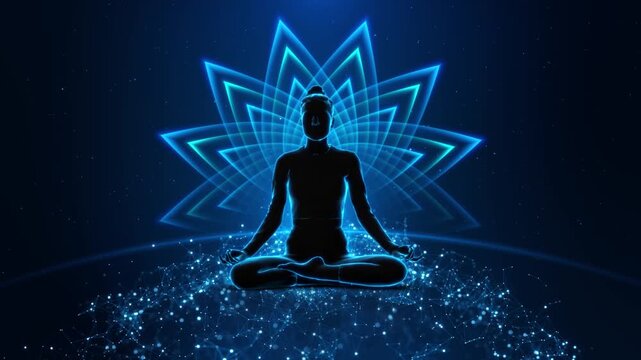 Cyan geometric petals calm figure lotus pose luminous connections foreground. meditation app promos, breathing sessions, contemplative visuals, spiritual storytelling, relaxation music, yoga branding.