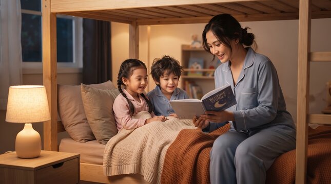 Mother Reading Bedtime Story to Children in Bunk Bed at Home