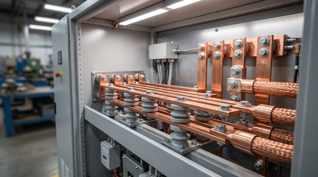 Electrical copper busbars inside industrial power distribution control cabinet.