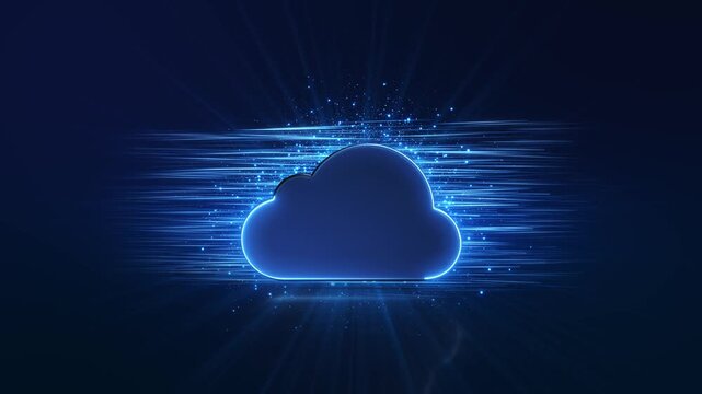 A bright cyan defines a cloud icon streaks, radiant dots, blue reflections. remote collaboration, digital file sharing, scalable computing, hosted applications, service migration, business technology