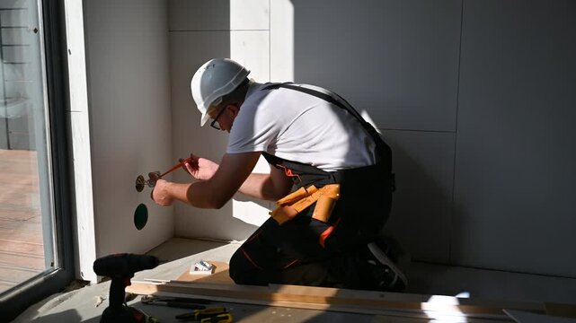 Technician performs socket installation on unfinished wall. Close shot of electrical outlet mounting, wiring adjustment, and professional service in house interior