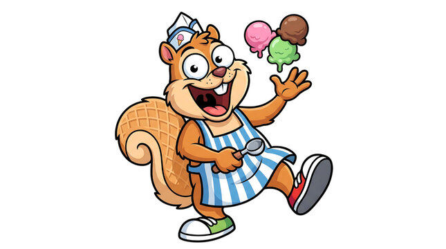 Happy squirrel mascot wearing an apron and holding colorful ice cream scoops for summer fun