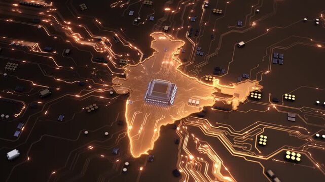 A glowing India intricate electronic board, central chip and copper colored connections. domestic manufacturing features, 19 investment reports, industrial development engineering explainers.