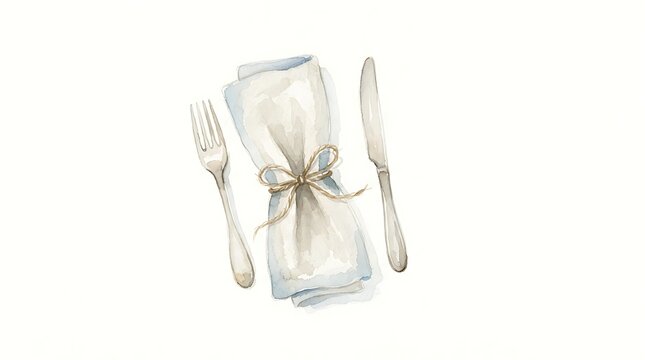 Watercolor illustration of a napkin with a fork and knife tied with twine isolated on white background