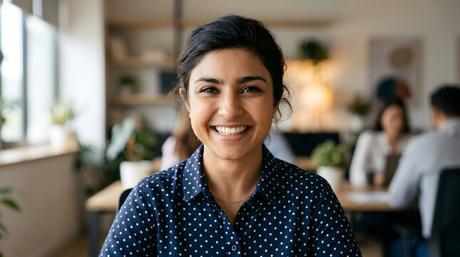 Confident Young Indian Businesswoman Smiling In Modern Office Space
