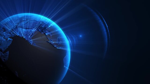 Glowing blue coastlines fine light rays define Earth, leaving for text on the right. telecom promotions, global economy stories, corporate presentations, geography explainers, and broadcast graphics.