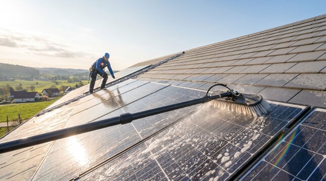 Worker washing house roof solar panels using telescopic brush