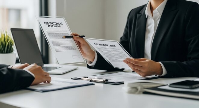 Professional negotiation of a business agreement document, with hands reviewing contract details and a pencil poised for signing.