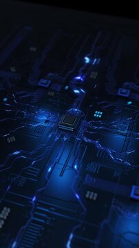 A dark electronic circuit board processor, fine blue traces and tiny components focus. computing hardware , semiconductor research, AI infrastructure explainers, engineering technology promotions.