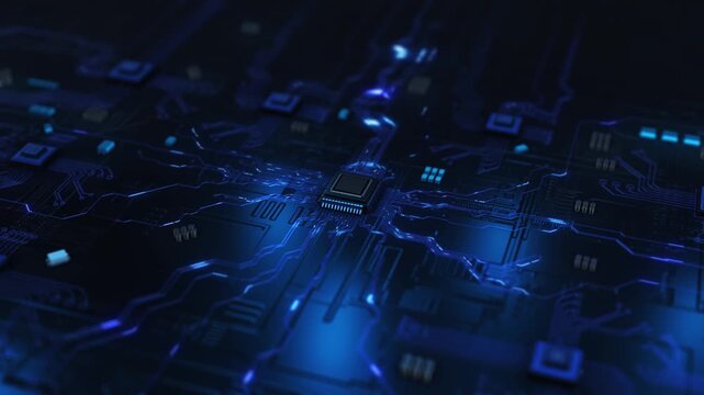 Blue highlights connected chips conductive paths complex electronic board . processor design, industrial automation, embedded systems, digital innovation, science documentaries and product intros.