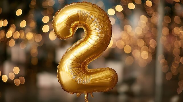 A large gold balloon in the shape of the number two against a blurry background of lights