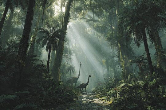 prehistoric rainforest with dinosaurs among trees