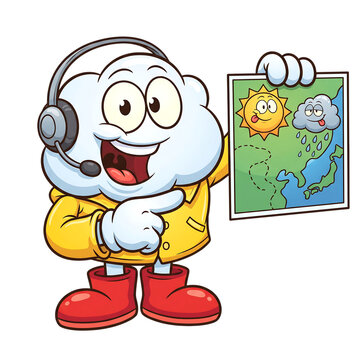 Happy weather cloud character with headset showing a weather map forecast to the audience