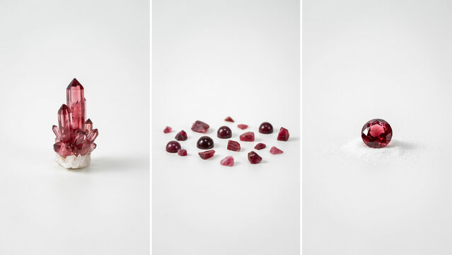Red garnet crystals and polished gemstones arranged on a clean white background