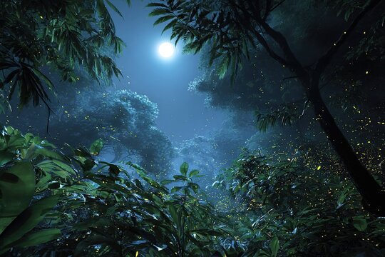 rainforest at night glowing with fireflies and moonlight