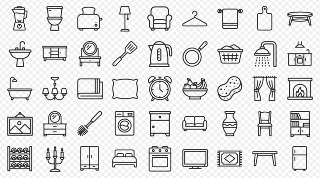 Furniture and home appliance line icons for interior design concepts.