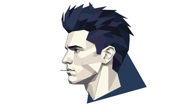 Low-poly geometric portrait of a young man in profile view, using sharp blue and cream shades for a modern look.