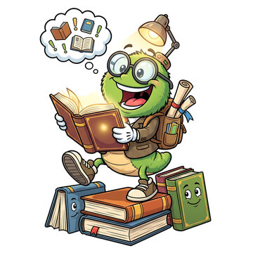 Happy smart frog character reading a book while standing on a pile of old colorful vintage books