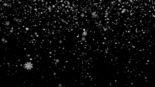 Snow falling on black background, christmas snow winter holiday alpha channel 4k video. isolated falling realistic snowflake on chroma key. abstract Christmas holiday effect