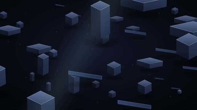 Dark blue 3D geometric abstract background with floating isometric blocks and shapes in minimalist design