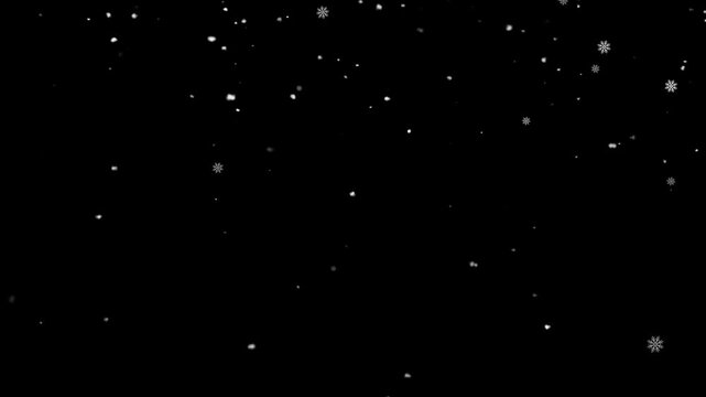 Snow falling on black background, christmas snow winter holiday alpha channel 4k video. isolated falling realistic snowflake on chroma key. abstract Christmas holiday effect