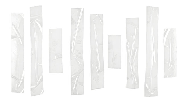 Set of sticky transparent tape strips isolated on transparent background