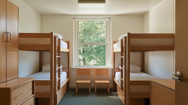 Bright hostel room with two wooden bunk beds and central aisle