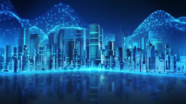 Cyan skyscrapers glowing particle mesh digital city deep blue background. digital twin concepts, urban planning presentations connected infrastructure stories, combining architecture abstract data.