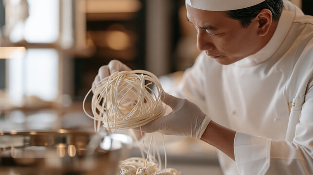 A confectioner's close up view of sugar pulled into delicate spun threads being shaped into a decorative crown for a showpiece cake, the warm amber light catching each strand as