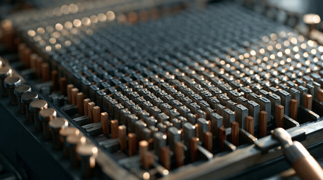 Close-up of letterpress type locked in a chase frame ready for printing, rows of raised metal letterforms from different type sizes arranged in a justified block with wooden