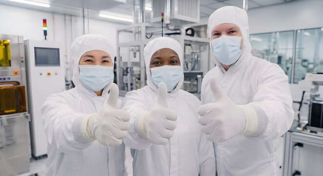 A team of engineers from various fields, wearing cleanroom protective suits and masks, giving a thumbs up in the laboratory.